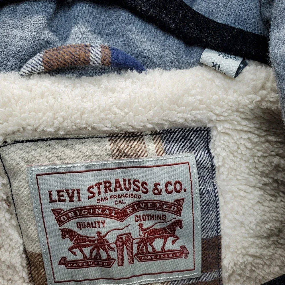 Levi's Flannel Shirt Jacket Men XL Multi Plaid Sherpa Lined Hood Snap Inside Zip - Picture 5 of 15